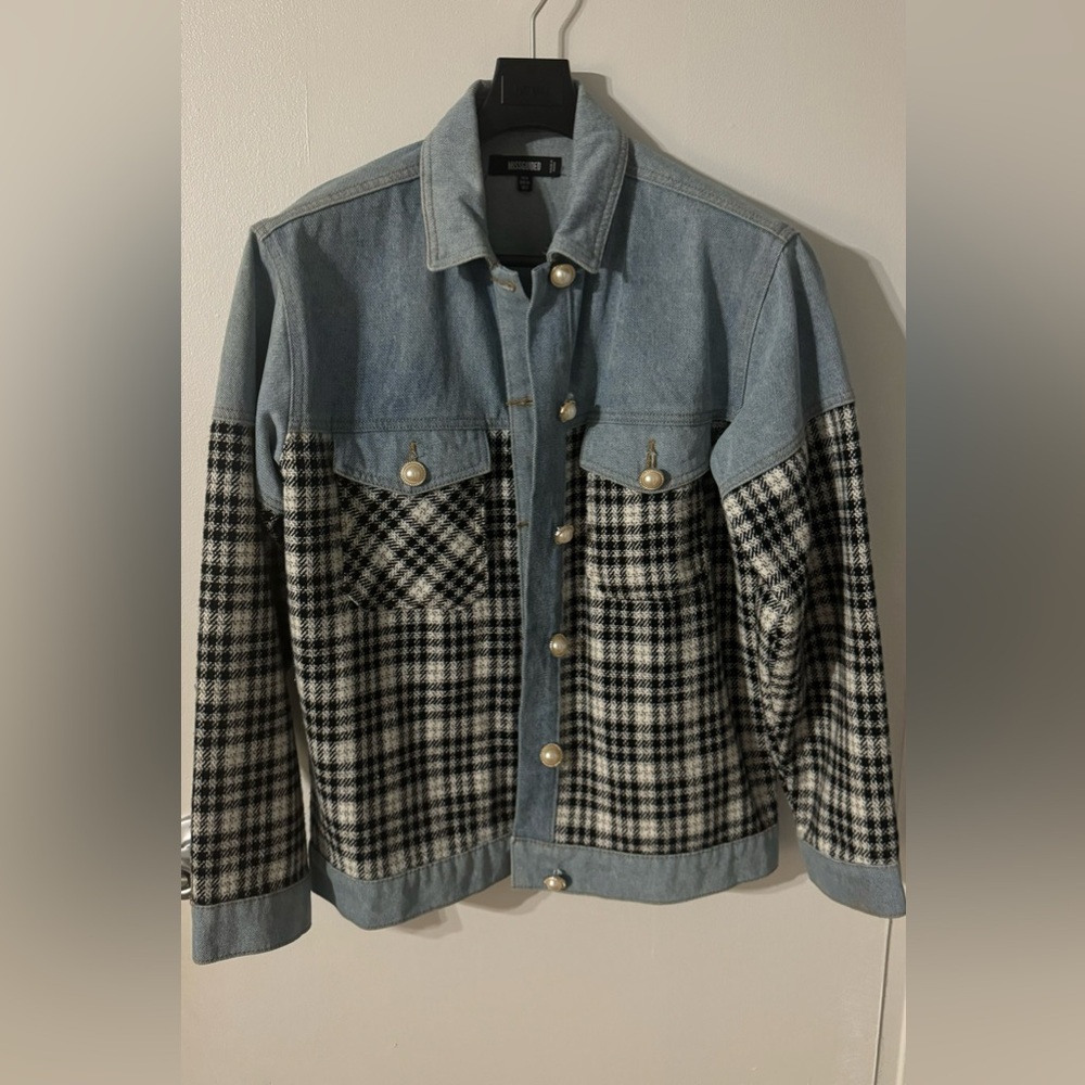 Missguided Light Blue Plaid Mix Denim Jacket